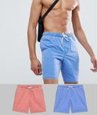Asos Design Tall Swim Shorts 2 Pack In Red & Blue Acid Wash Mid Length Save - Multi