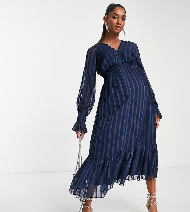 Asos Design Maternity Satin Stripe Midi Dress With Blouson Sleeve And Button Detail In Navy