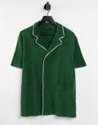 Asos Design Relaxed Waffle Polo With Pockets In Green With White Piping