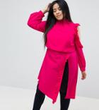 Asos Curve Longline Blouse With Ruffle & Button Detail - Pink