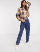 Asos Design Long Sleeved Cropped Check Shirt In Navy And Pink-multi