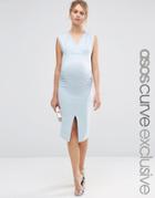 Asos Maternity Midi Bodycon Dress With Ruching And Split - Blue