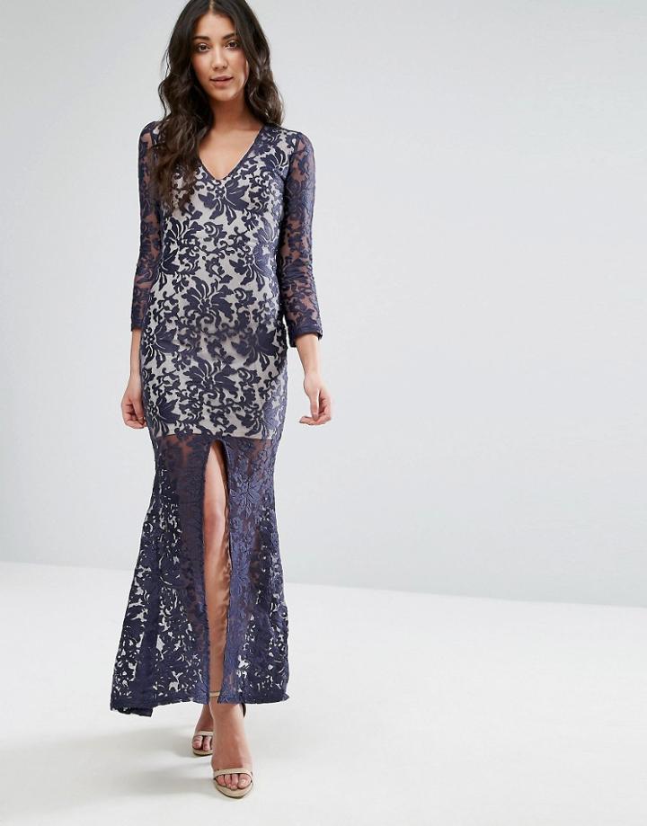 Club L Brocade Embroidery Long Sleeve Maxi Dress With Split Front - Navy