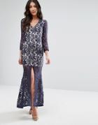 Club L Brocade Embroidery Long Sleeve Maxi Dress With Split Front - Navy