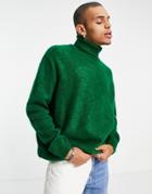 Asos Design Fluffy Knit Roll Neck Sweater In Green