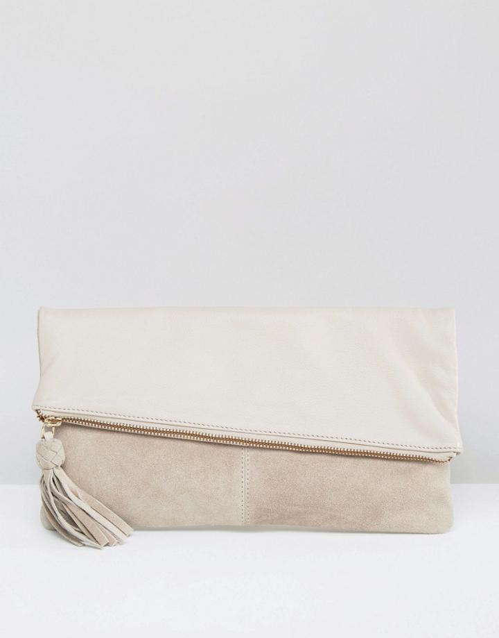Asos Leather And Suede Slanted Foldover Clutch Bag - Pink