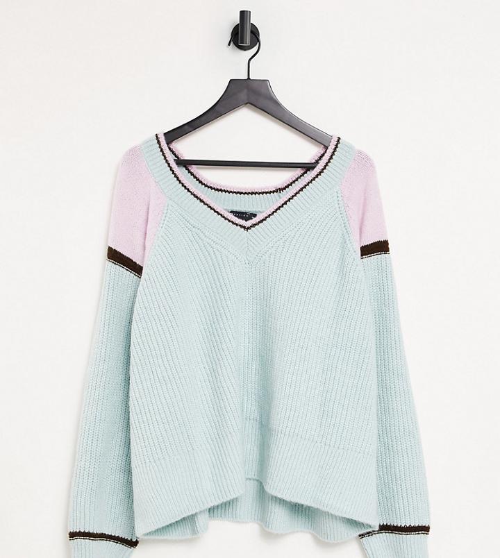 Asos Design Curve V-neck Sweater With Colorblock And Tipping Detail In Green