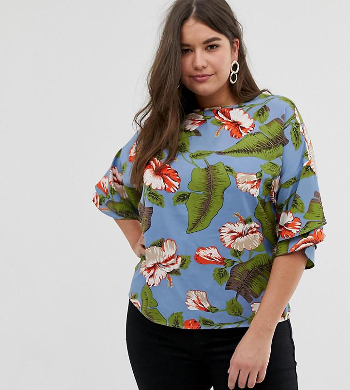 Ax Paris Plus Floral Swing Top - Blue