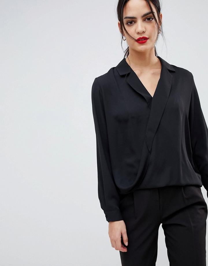 Asos Design Wrap Top With Collar Detail - Black