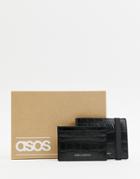 Asos Design Leather Bi-fold Wallet And Cardholder Set In Black Croc With Elastic And Suede Internal