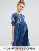 Asos Maternity Denim Embroidered Smock Dress - Blue