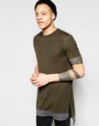 Asos Super Longline T-shirt With Contrast Hem Extrender - Khaki