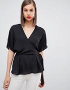 Asos Design Wrap Top With Kimono Sleeve - Black