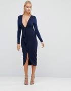Hedonia Long Sleeve Pencil Dress With Ruffle Front - Navy