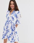 Influence Wrap Front Dress In Porcelain Floral Print - White