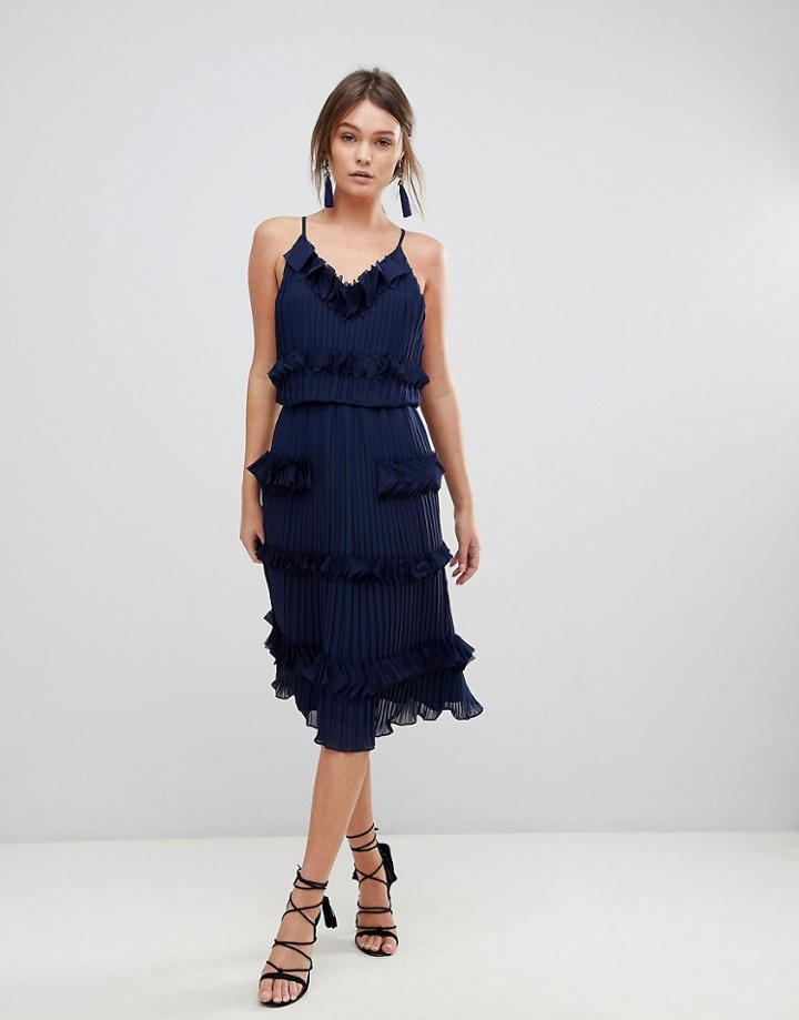 True Decadence Premium Pleated Ruffle Skater Dress - Navy