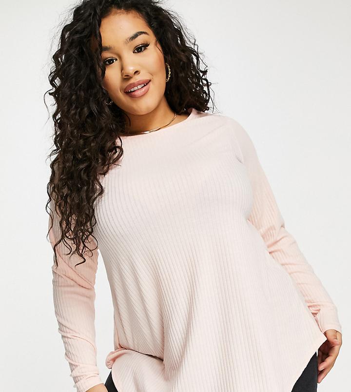 Yours Exclusive Long Sleeve Ribbed T-shirt In Blush-pink