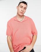Asos Design Midweight Knit Notch Neck Polo Shirt In Coral-orange