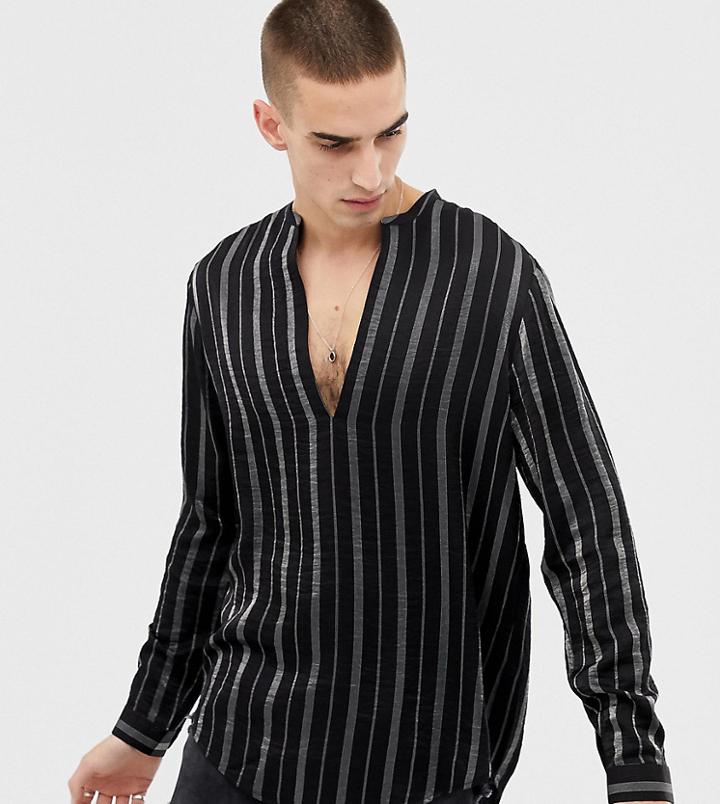 Heart & Dagger Drapey V Neck Lurex Stripe Shirt With Long Sleeves - Black