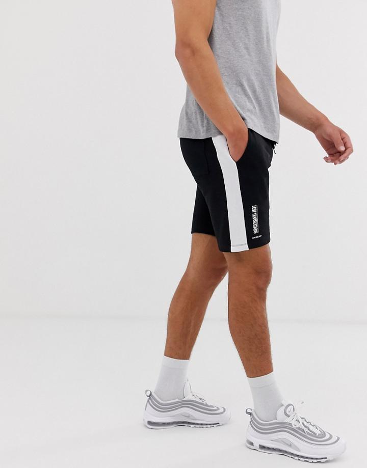 Asos Design Jersey Skinny Shorts In Shorter Length In Black With Side Stripe & Text Print