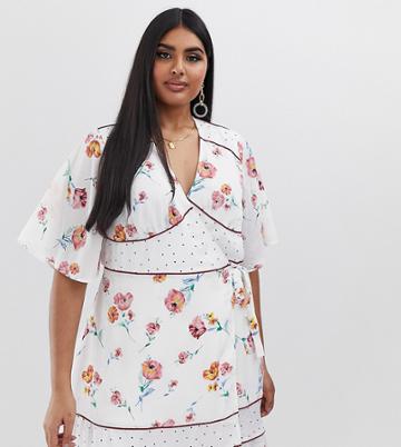 Fashion Union Plus Wrap Dress With Contrast Print Panels - White
