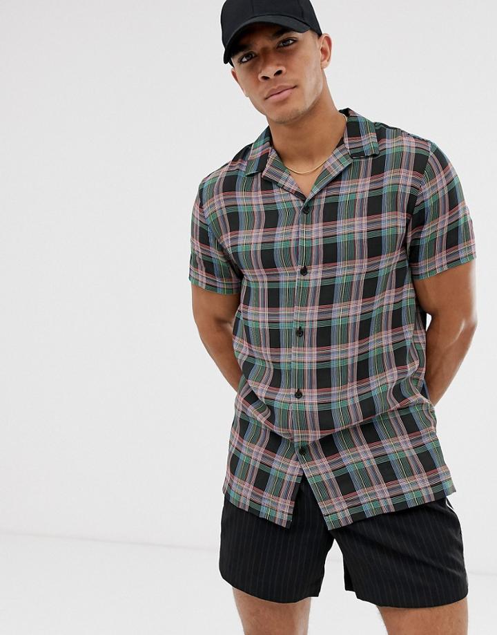 River Island Short Sleeve Fluro Check Shirt-black