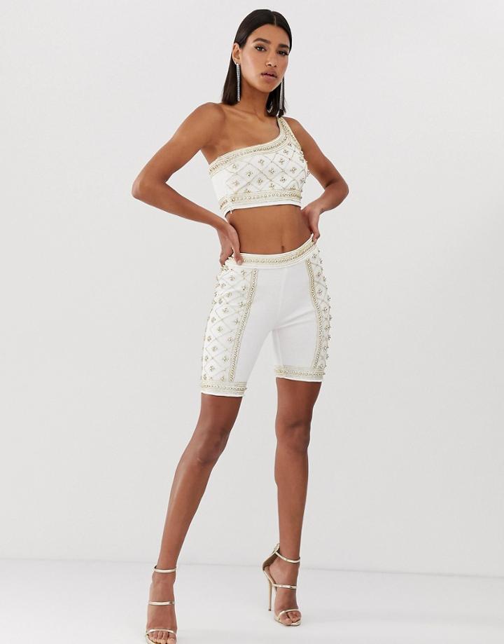 Starlet Embellished High Waist Short In White And Gold - White