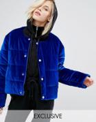 Puffa Oversized Collarless Padded Jacket In Velvet - Blue