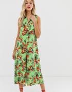 Asos Design Casual Culotte Shirt Jumpsuit In Tropical Print - Multi