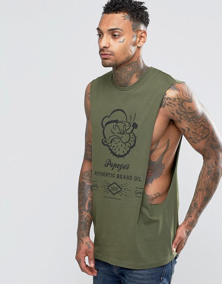 Asos Popeye Beard Oil Sleeveless T-shirt With Extreme Dropped Armhole - Khaki