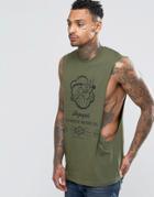 Asos Popeye Beard Oil Sleeveless T-shirt With Extreme Dropped Armhole - Khaki