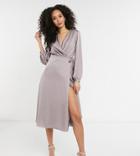 Tfnc Tall Bridesmaid Satin Long Sleeve Wrap Front Midi Dress In Gray-grey