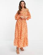Asos Design Off Shoulder Shirred Maxi Dress In Ditsy Print-multi