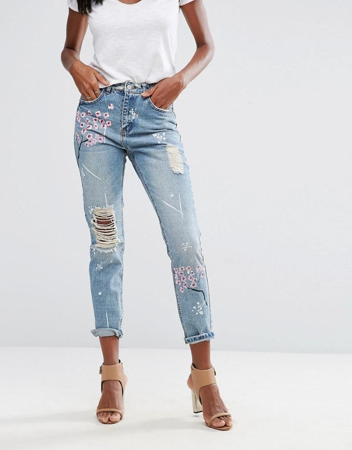 Missguided Riot Floral Embroidered Mom Jeans - Blue
