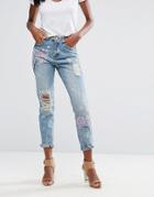 Missguided Riot Floral Embroidered Mom Jeans - Blue