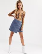 Asos Design Denim Wrap Skirt In Stonewash Blue
