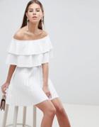 Asos Design Scuba Bardot Double Ruffle Pleated Mini Dress - White