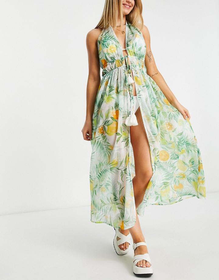 Topshop Fruit Print Crochet Trim Sheer Beach Cover Up In Multi