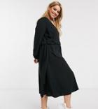 Asos Design Curve V Neck Ruched Waist Chuck On Midi Dress With Long Sleeves In Black