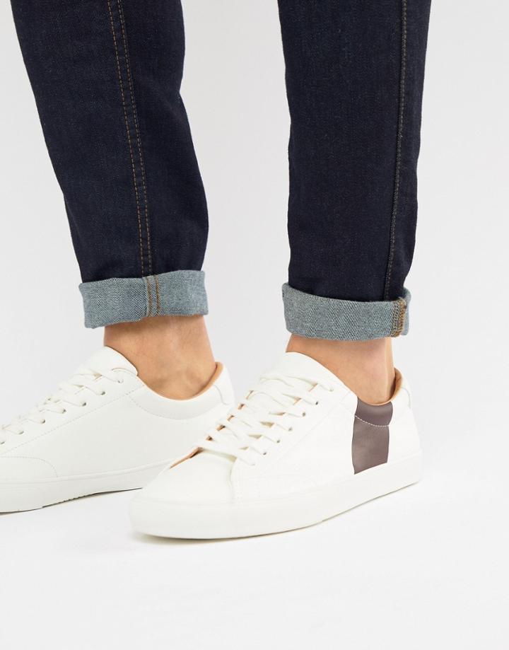 Pull & Bear White Sneaker With Burgundy Stripe - White