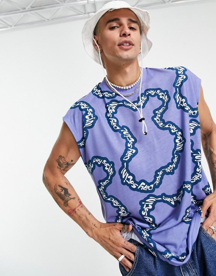 Asos Daysocial Oversized Tank With All Over Logo Print In Blue-blues