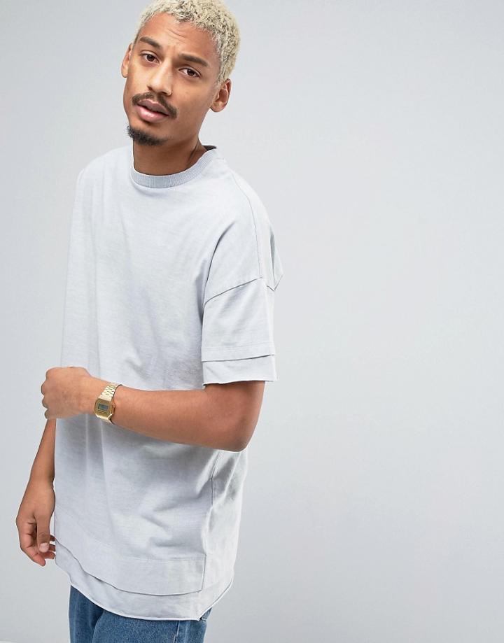 Asos Super Longline T-shirt In Blue Wash With Cuff And Hem Extender -