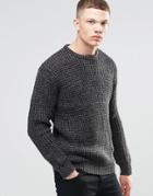 Brave Soul Color Twist Waffle Stitch Sweater - Black