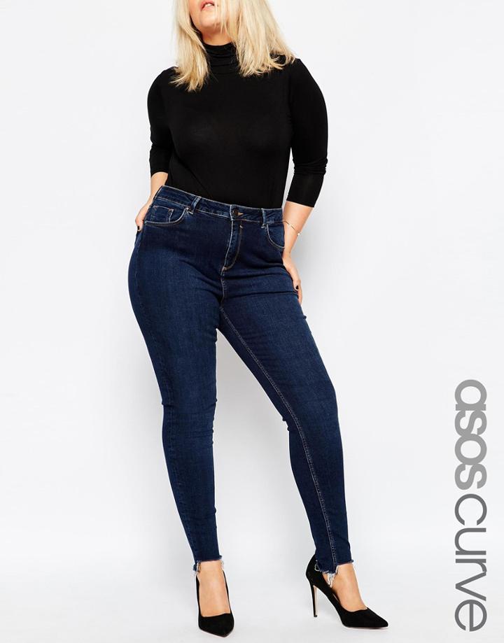 Asos Curve Lisbon Mid Rise Skinny Ankle Grazer Jean In Binx Wash With High-low Raw Hem - Indigo