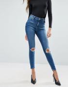 Asos Ridley Skinny Jeans In Roy Dark Stonewash With Busted Knees - Blue