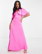 Flounce London Flutter Sleeve Maxi Dress With Plunge Front In Hot Pink Satin