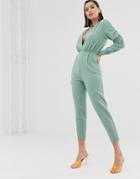 Asos Design Gathered Long Sleeve Jumpsuit With Deep Plunge - Green