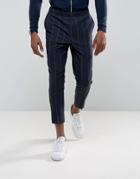 Asos Tapered Smart Pants In Navy Pinstripe With Elasticated Waist - Navy