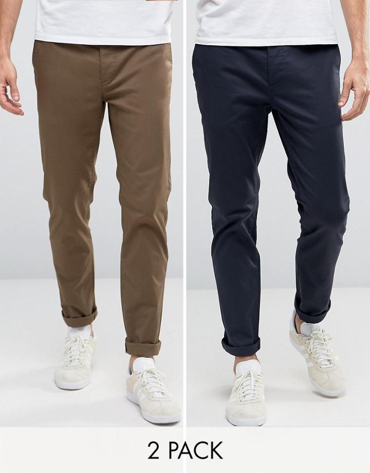 Asos 2 Pack Slim Chinos In Khaki And Navy - Multi