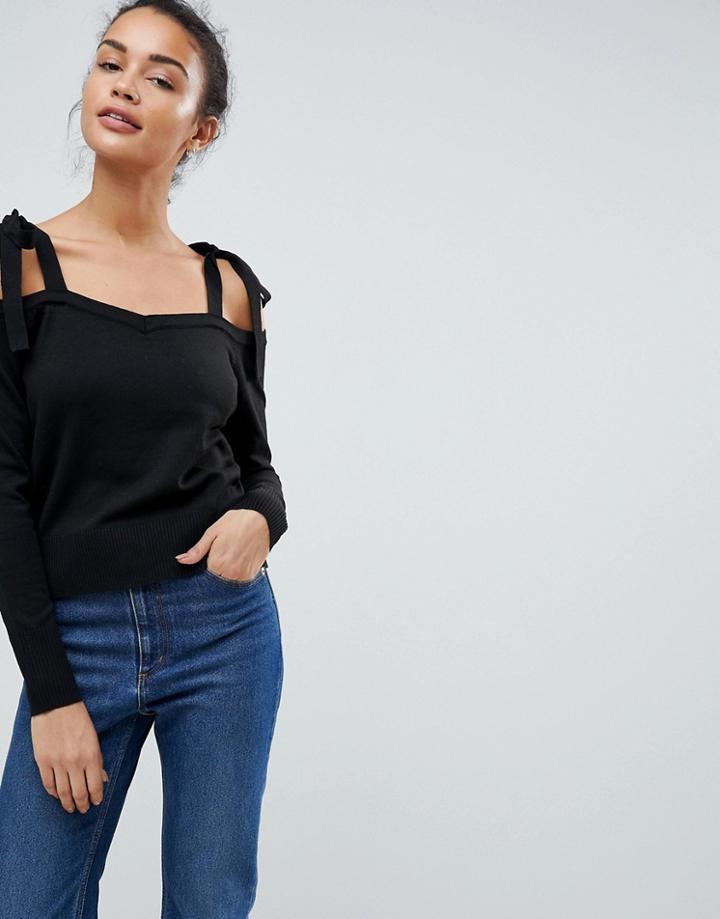 Fashion Union Knit Cold Shoulder Sweater With Tie Sleeve Detail - Black
